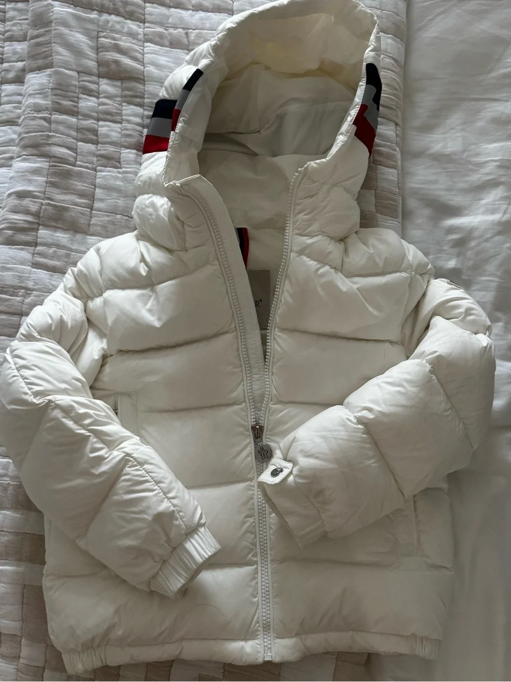 Moncler Kids Natural White Hooded Puffer with Red & Navy Trim